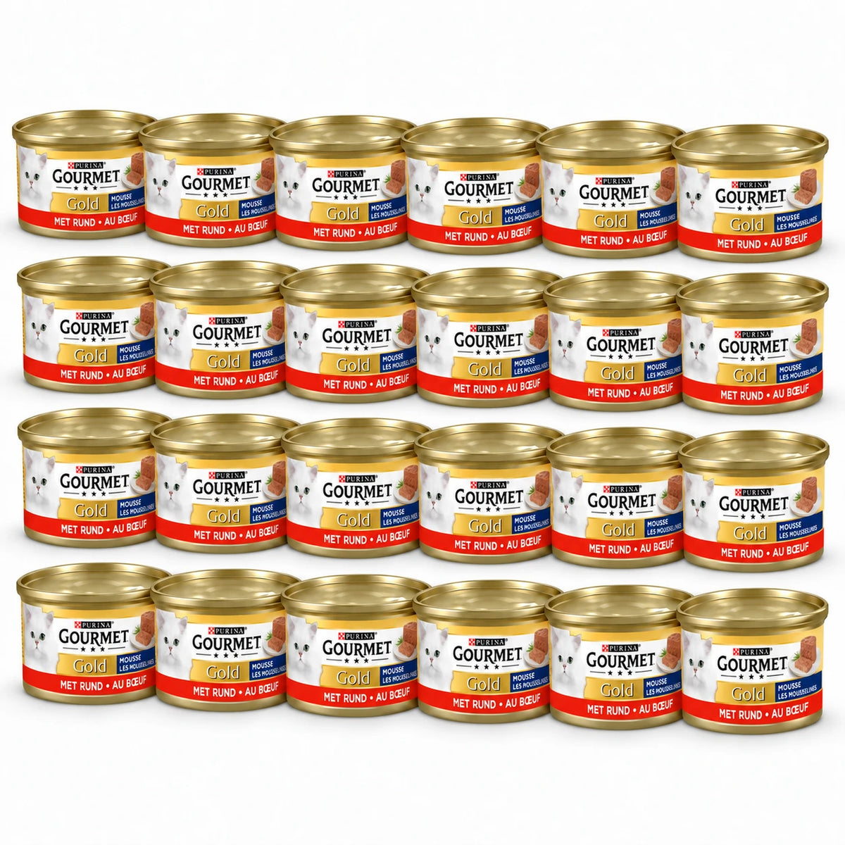 Gourmet Gold Fijne Mousse Rund – 24 × 85 g in een verspringende opstelling