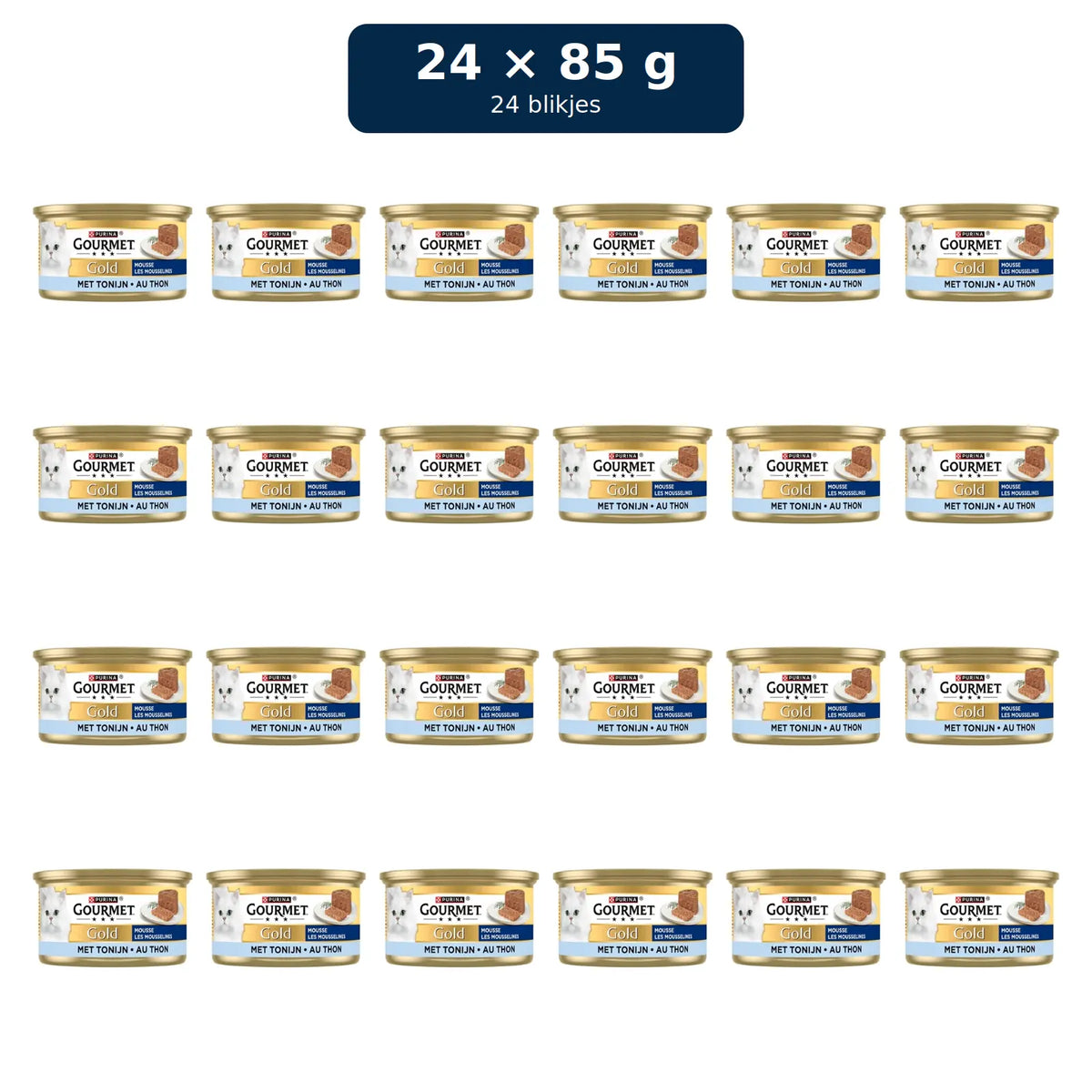 Gourmet Gold Fijne Mousse Tonijn – 24 blikjes van 85 gram, vier rijen van zes blikjes