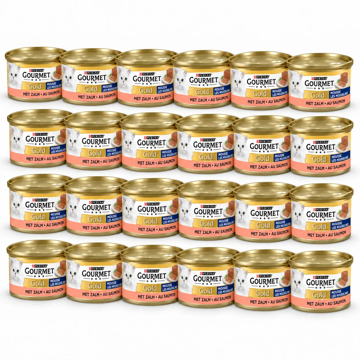 Gourmet Gold Fijne Mousse Zalm – 24 × 85 g in een verspringende opstelling