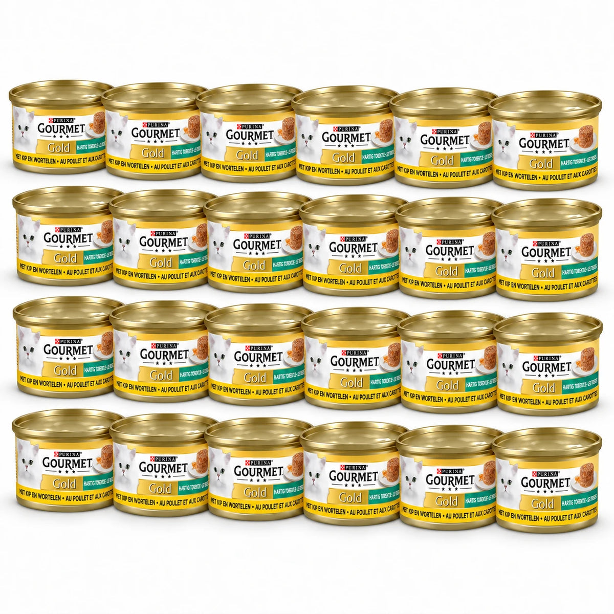 Gourmet Gold Hartig Torentje Kip & Wortel – 24 × 85 g in een verspringende opstelling