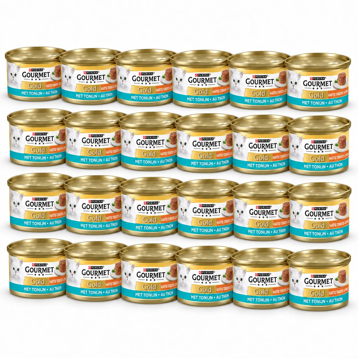 Gourmet Gold Hartig Torentje Tonijn – 24 × 85 g in een verspringende opstelling