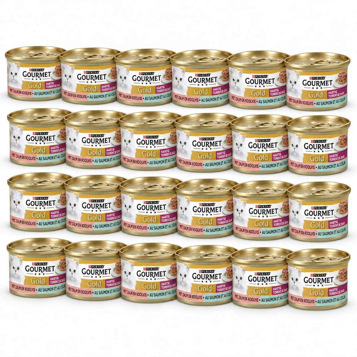 Gourmet Gold Hartig Torentje Duo Zalm & Koolvis – 24 × 85 g in een verspringende opstelling