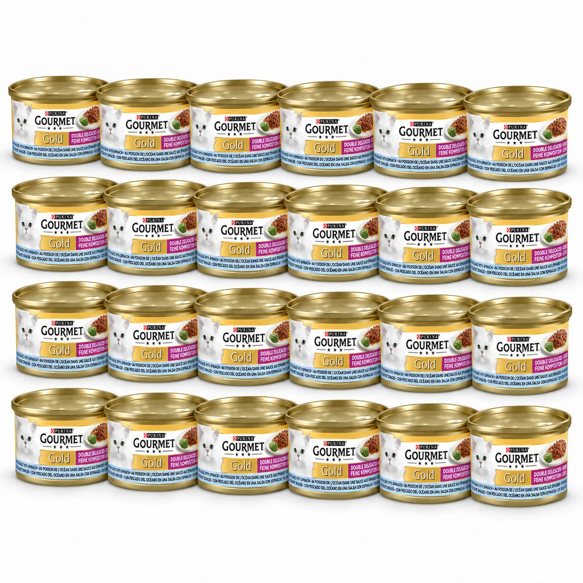 Gourmet Gold Luxe Mix Zeevis & Spinazie – 24 × 85 g in een verspringende opstelling