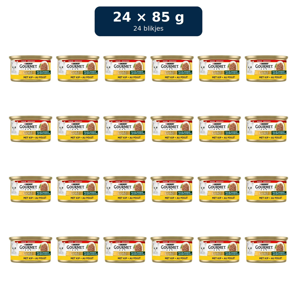 Gourmet Gold Malse Lekkernijen Kip – 24 blikjes van 85 gram, vier rijen van zes blikjes