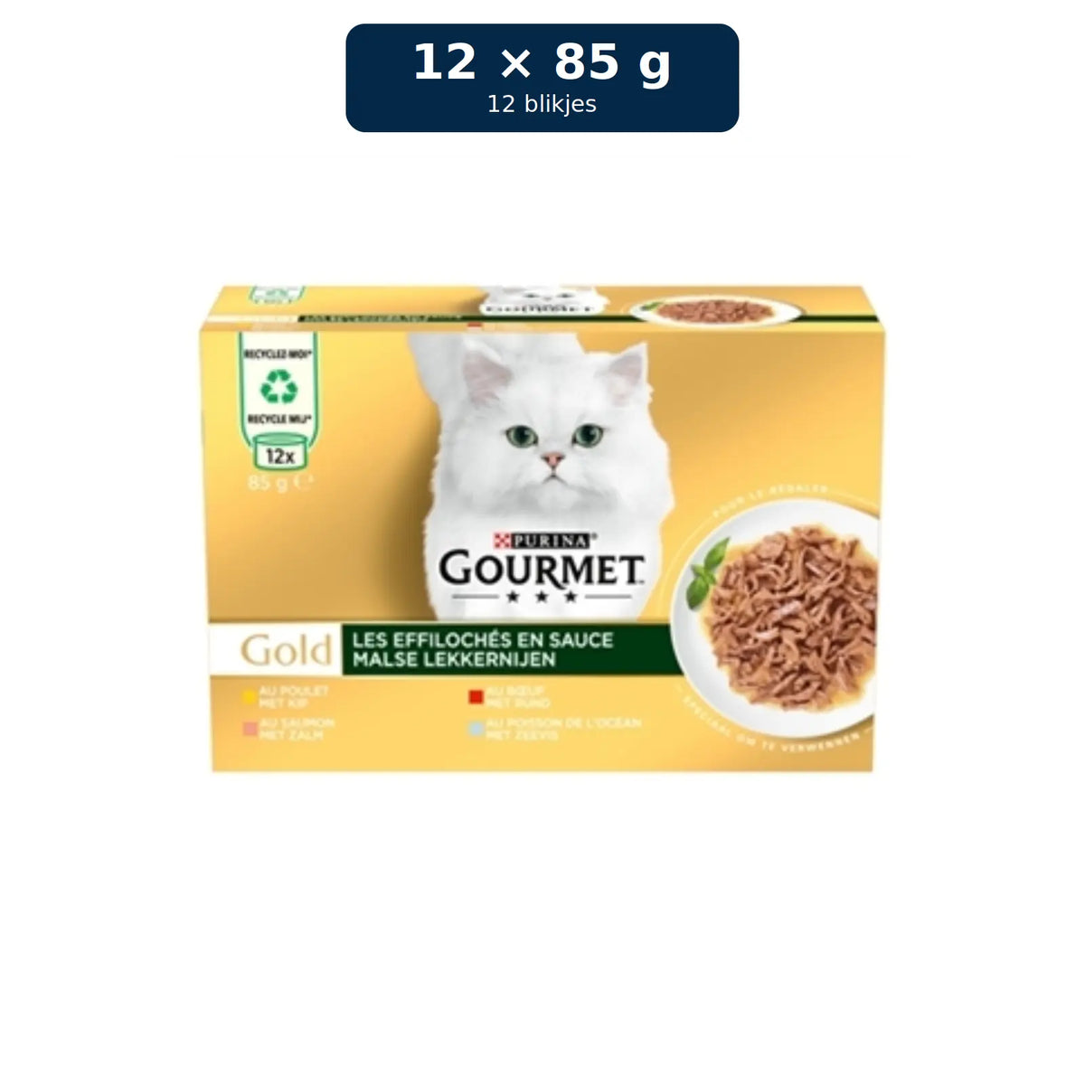 Gourmet Gold Malse Lekkernijen Mix Kip, Zeevis, Rund & Zalm – 12 blikjes van 85 gram