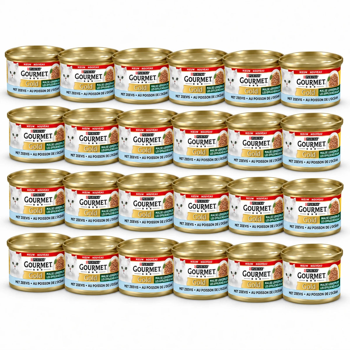 Gourmet Gold Malse Lekkernijen Zeevis – 24 × 85 g in een verspringende opstelling
