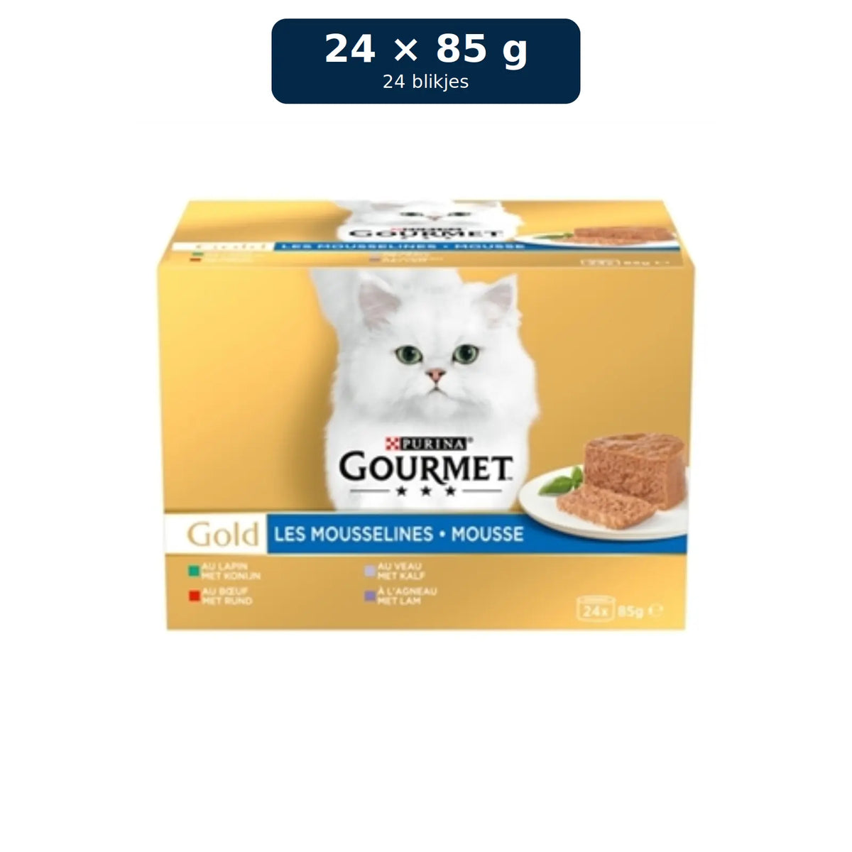Gourmet Gold Mousse Mix Konijn, Rund, Kalf & Lam – 24 blikjes van 85 gram