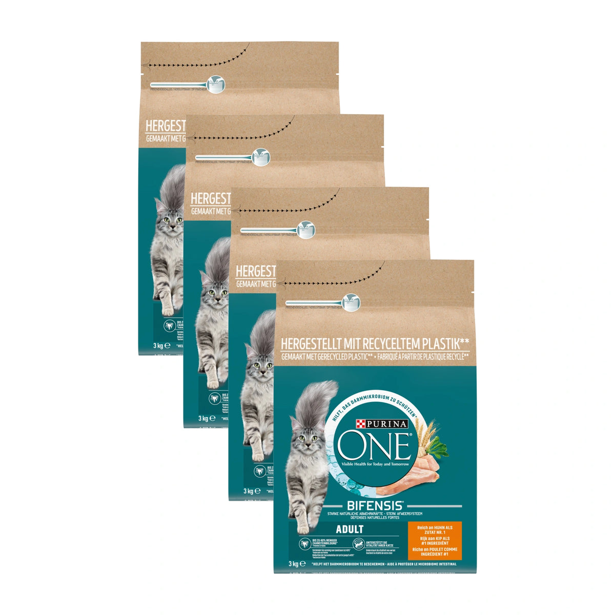 Purina ONE Adult Kip & Volkoren Granen, 4 verpakkingen, samen 4 zakken van 3000 gram