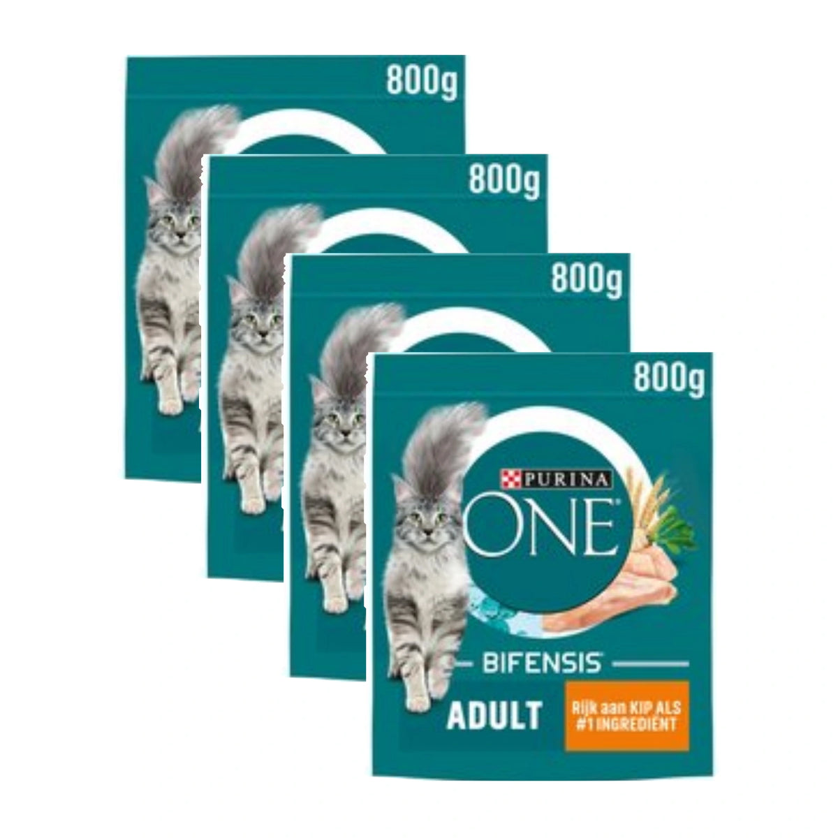 Purina ONE Adult Kip & Volkoren Granen, 4 verpakkingen, samen 4 zakken van 800 gram