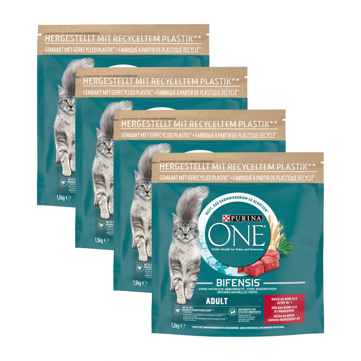 Purina ONE Adult Rund & Volkoren Granen, 4 verpakkingen, samen 4 zakken van 1500 gram