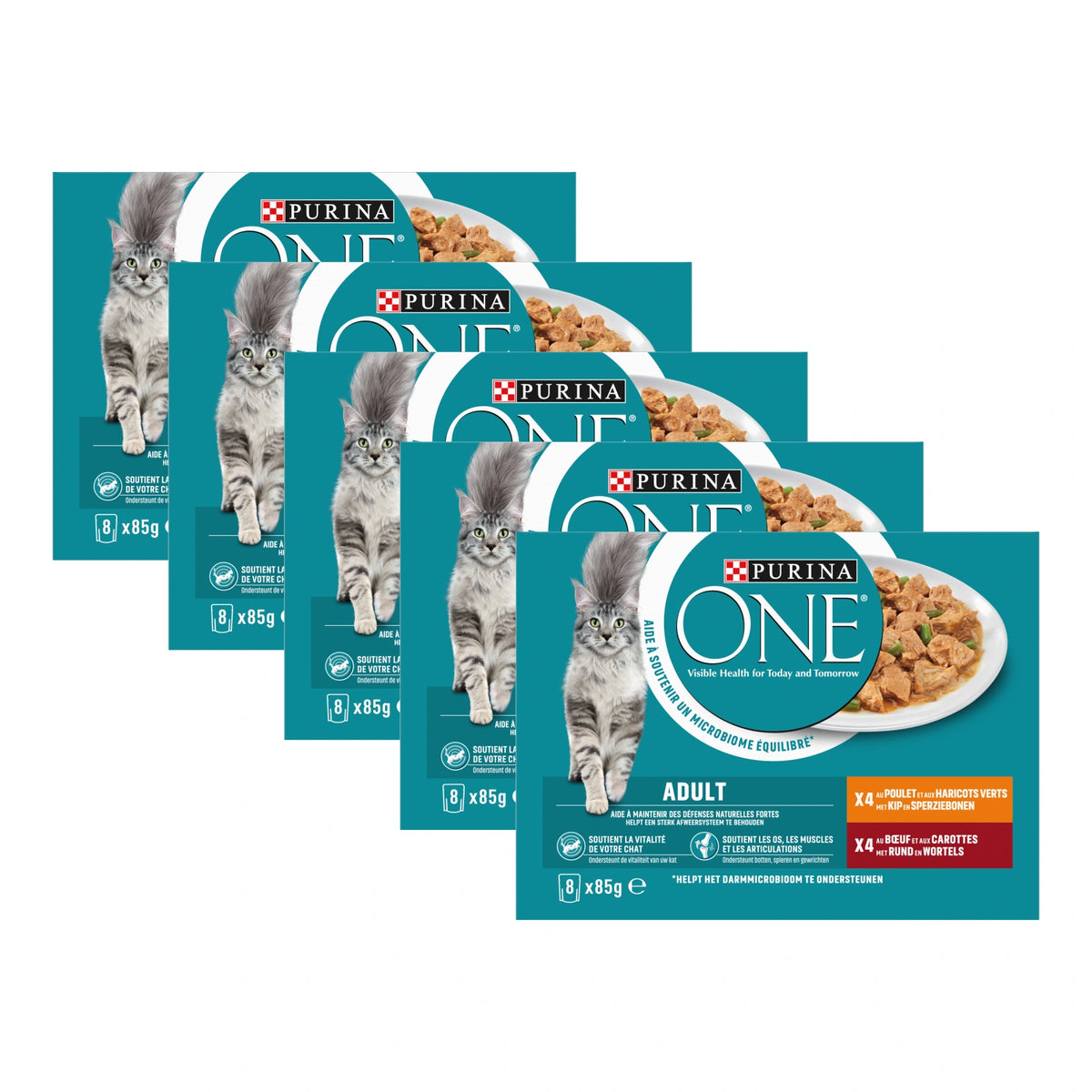 Purina ONE Adult Kip & Rund in Saus, 5 verpakkingen, samen 40 porties van 85 gram