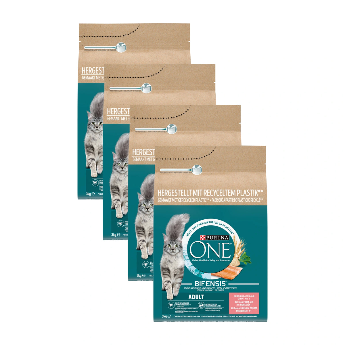 Purina ONE Adult Zalm & Volkoren Granen, 4 verpakkingen, samen 4 zakken van 3000 gram