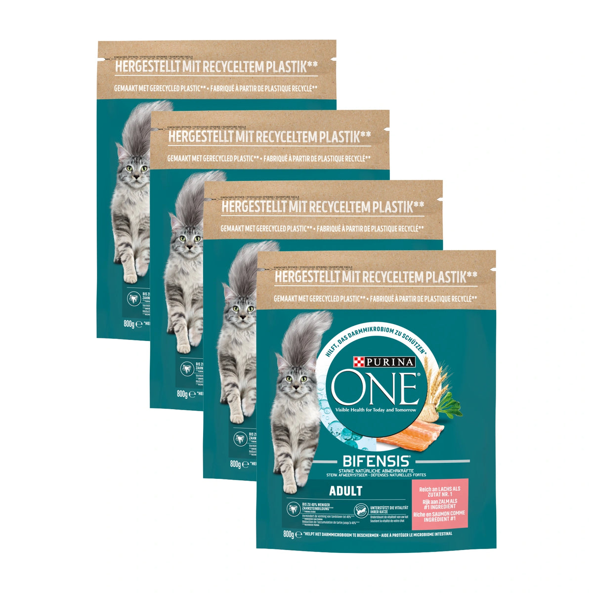 Purina ONE Adult Zalm & Volkoren Granen, 4 verpakkingen, samen 4 zakken van 800 gram