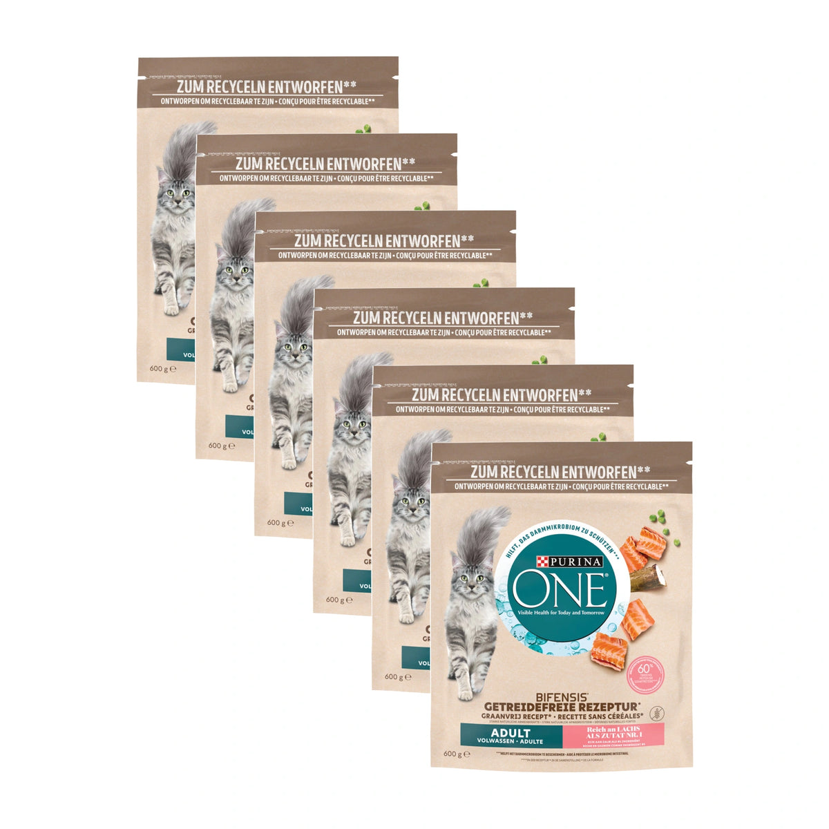 Purina ONE Graanvrij Adult Zalm, 6 verpakkingen, samen 6 zakken van 600 gram