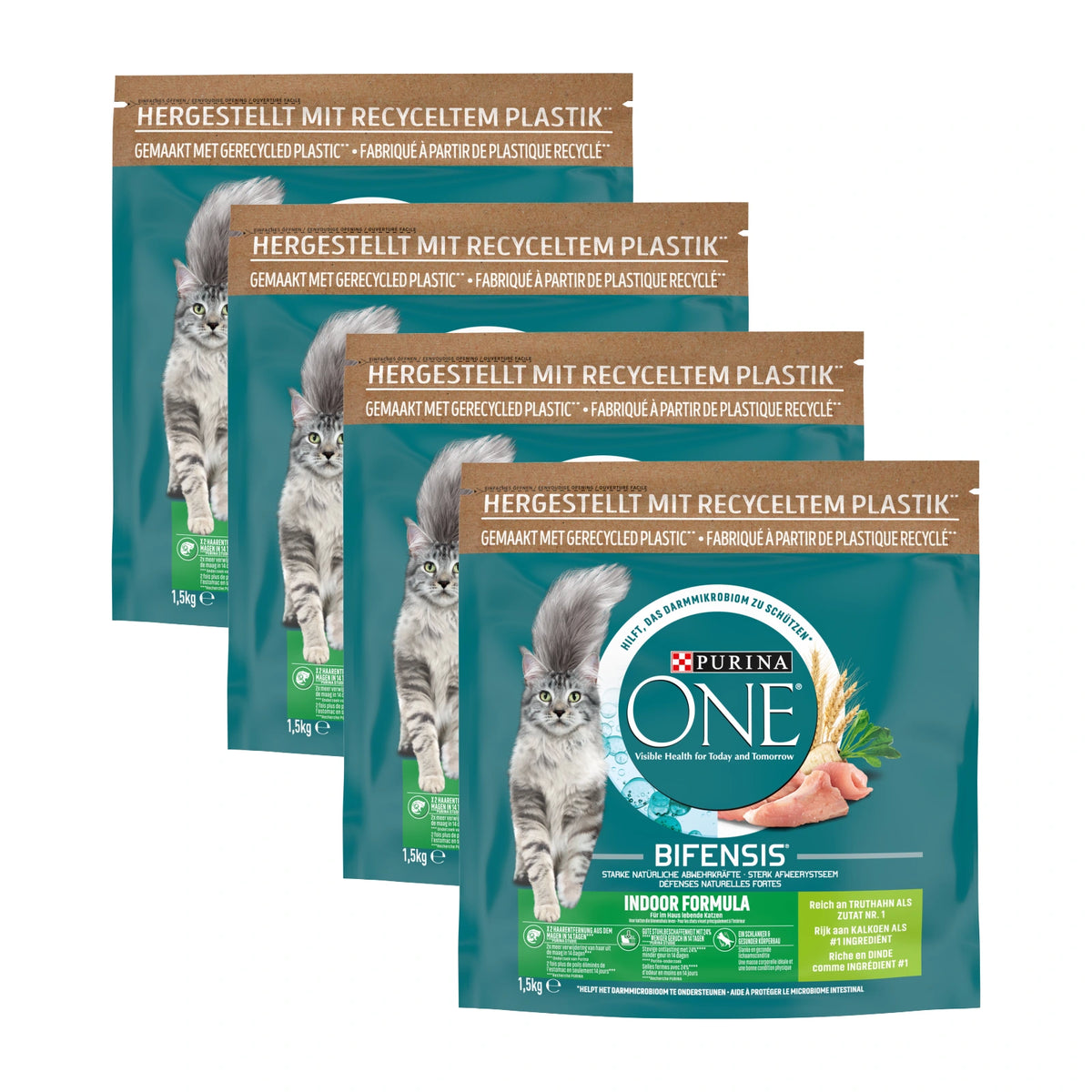 Purina ONE Indoor Kalkoen & Volkoren Granen, 4 verpakkingen, samen 4 zakken van 1500 gram