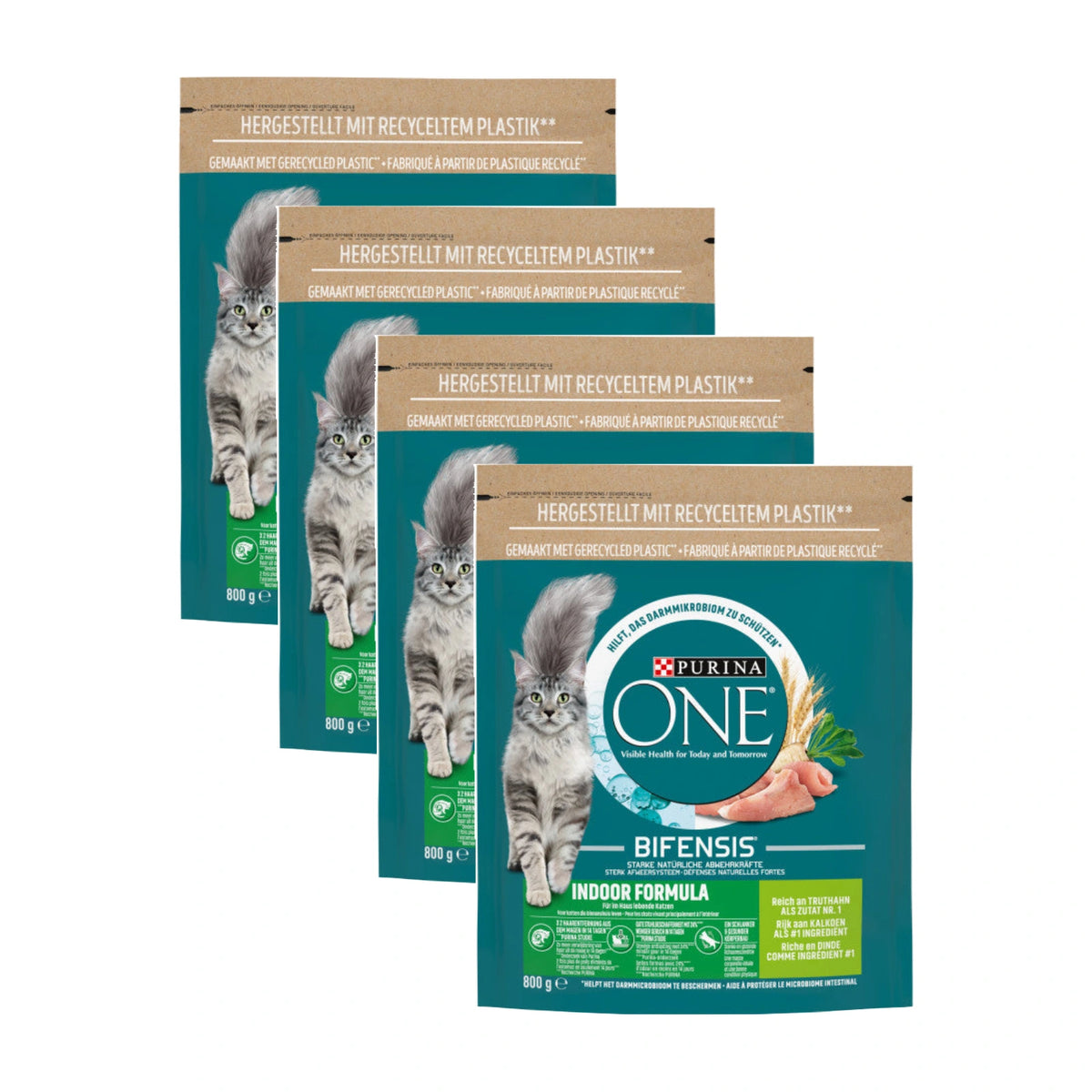 Purina ONE Indoor Kalkoen & Volkoren Granen, 4 verpakkingen, samen 4 zakken van 800 gram
