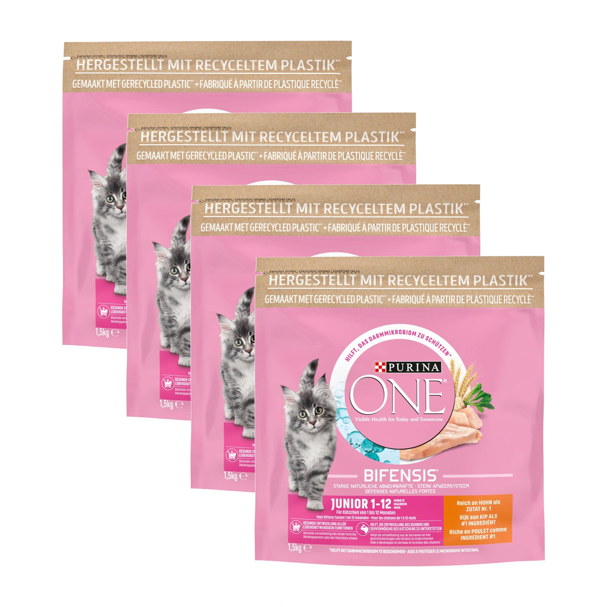 Purina ONE Junior Kitten Kip & Volkoren Granen, 4 verpakkingen, samen 4 zakken van 1500 gram