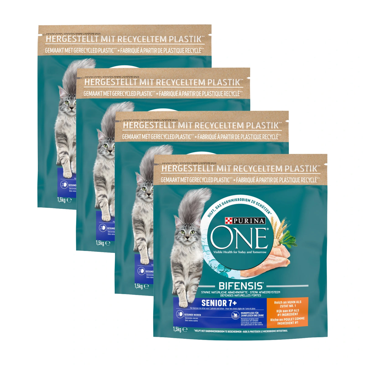 Purina ONE Senior 7+ Kip & Volkoren Granen, 4 verpakkingen, samen 4 zakken van 1500 gram