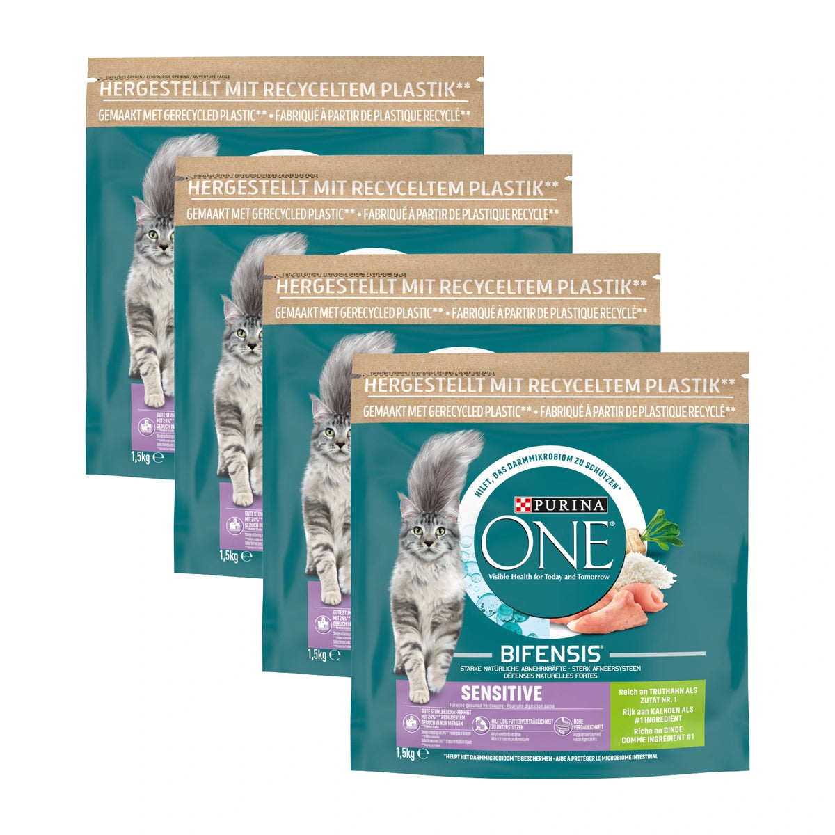 Purina ONE Sensitive Kalkoen & Rijst, 4 verpakkingen, samen 4 zakken van 1500 gram