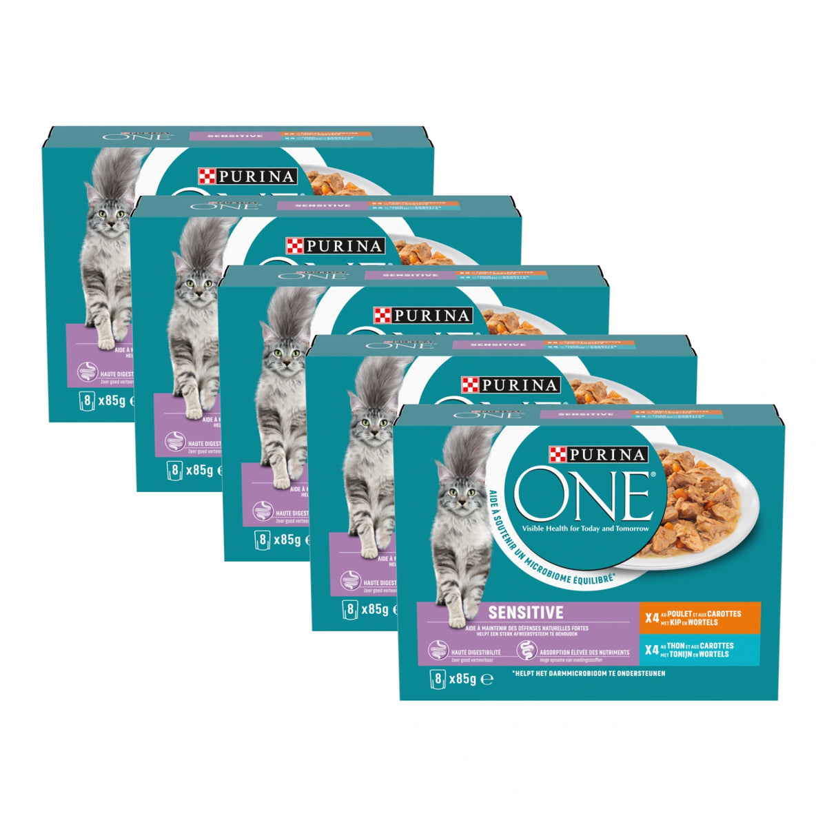 Purina ONE Sensitive Kip & Tonijn in Saus, 5 verpakkingen, samen 40 porties van 85 gram