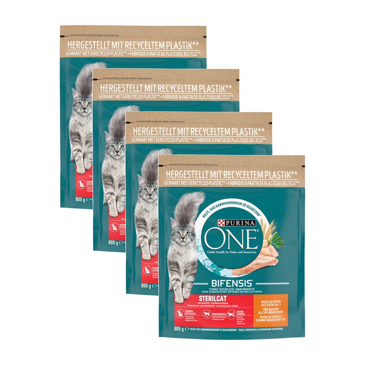 Purina ONE Sterilcat Kip & Tarwe, 4 verpakkingen, samen 4 zakken van 800 gram