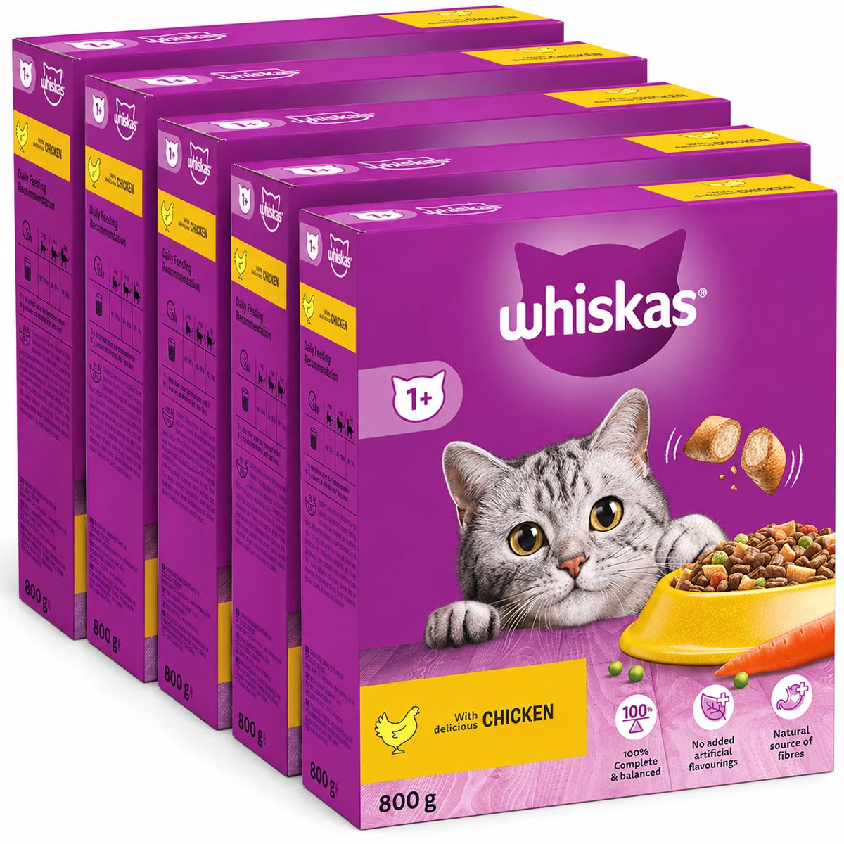 Whiskas Adult 1+ Kip voordeelverpakking met vijf doosjes van 800 gram op een witte achtergrond