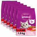 Whiskas Adult 1+ Rund voordeelverpakking met zes zakken van 1,9 kg op een witte achtergrond