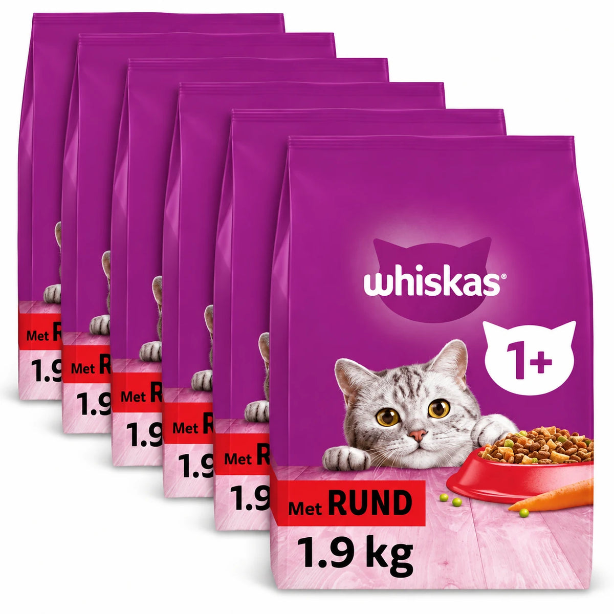 Whiskas Adult 1+ Rund voordeelverpakking met zes zakken van 1,9 kg op een witte achtergrond