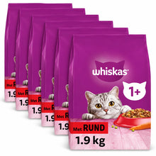 Whiskas Adult 1+ Rund voordeelverpakking met zes zakken van 1,9 kg op een witte achtergrond