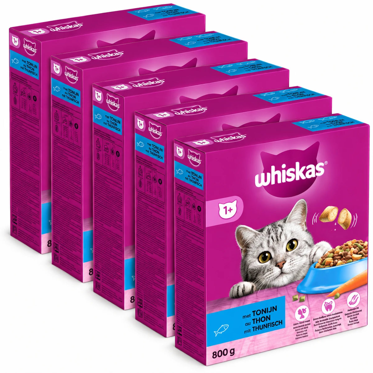 Whiskas Adult 1+ Tonijn voordeelverpakking met vijf doosjes van 800 gram op een witte achtergrond
