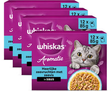 Vier doosjes Whiskas Aromatics Zeevruchten in Saus, elk 12 × 85 gram: totaal 48 maaltijdzakjes, 4,08 kg