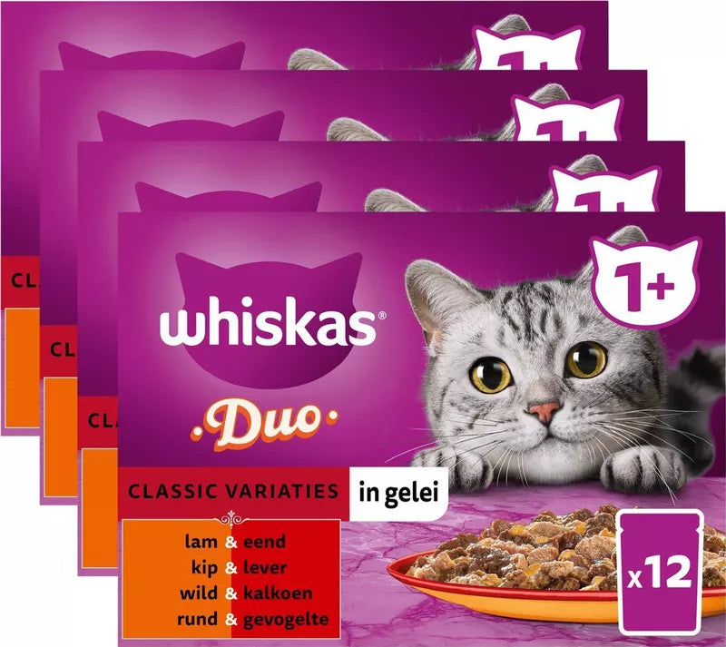 Vier doosjes Whiskas Duo Classic in Gelei, elk 12 × 85 gram: totaal 48 maaltijdzakjes, 4,08 kg