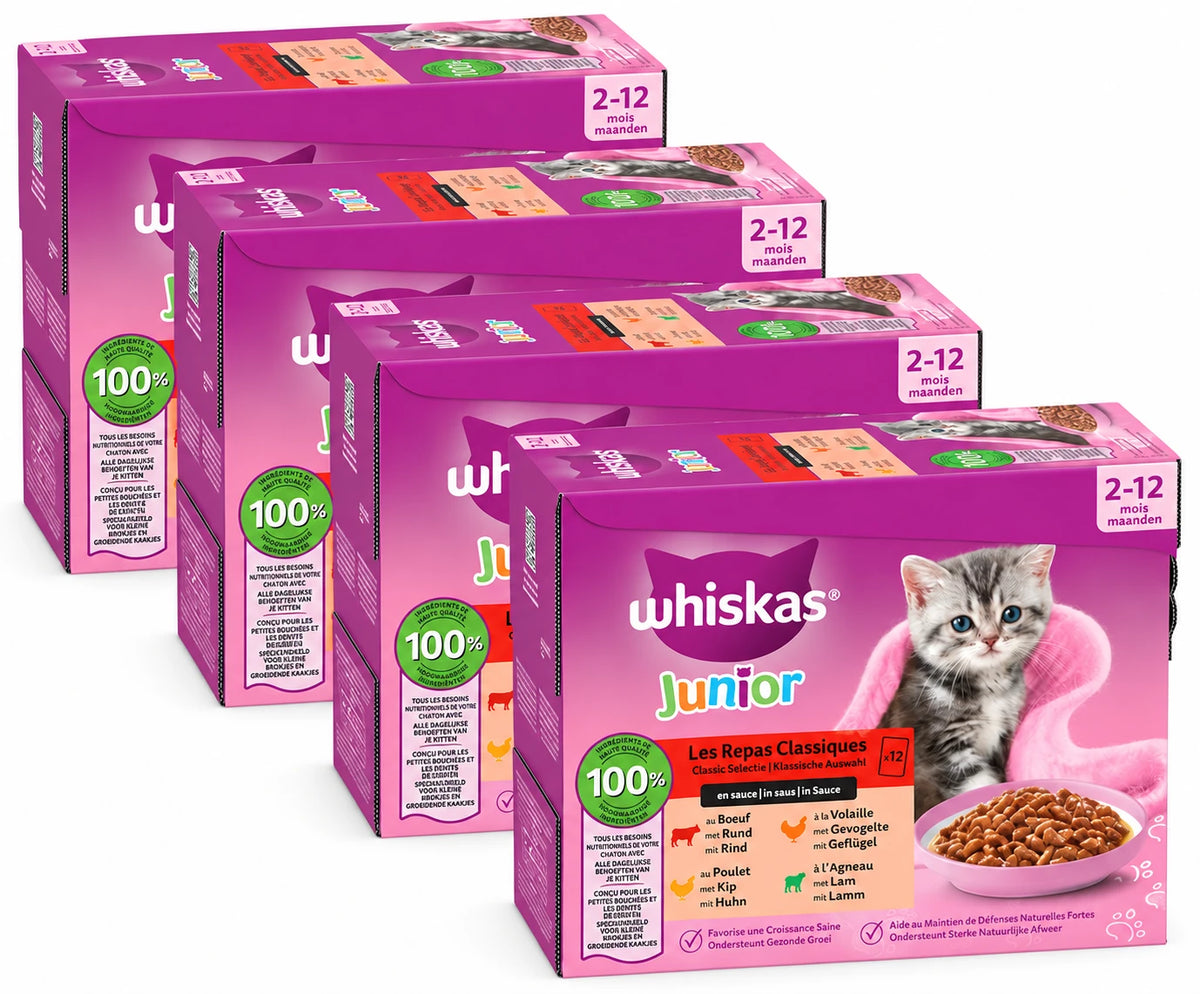 Vier doosjes Whiskas Junior Classic in Saus, elk 12 × 85 gram: totaal 48 maaltijdzakjes, 4,08 kg