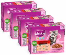 Vier doosjes Whiskas Junior Classic in Saus, elk 12 × 85 gram: totaal 48 maaltijdzakjes, 4,08 kg
