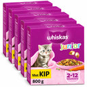 Whiskas Junior Kip voordeelverpakking met vijf doosjes van 800 gram op een witte achtergrond