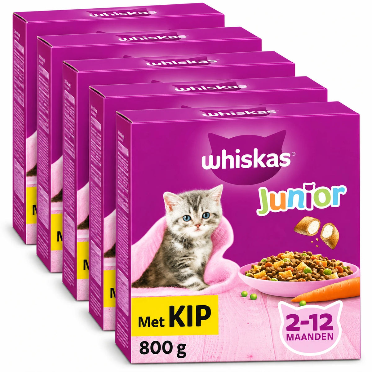 Whiskas Junior Kip voordeelverpakking met vijf doosjes van 800 gram op een witte achtergrond