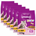 Whiskas Junior Kip voordeelverpakking met zes zakken van 1,9 kg op een witte achtergrond