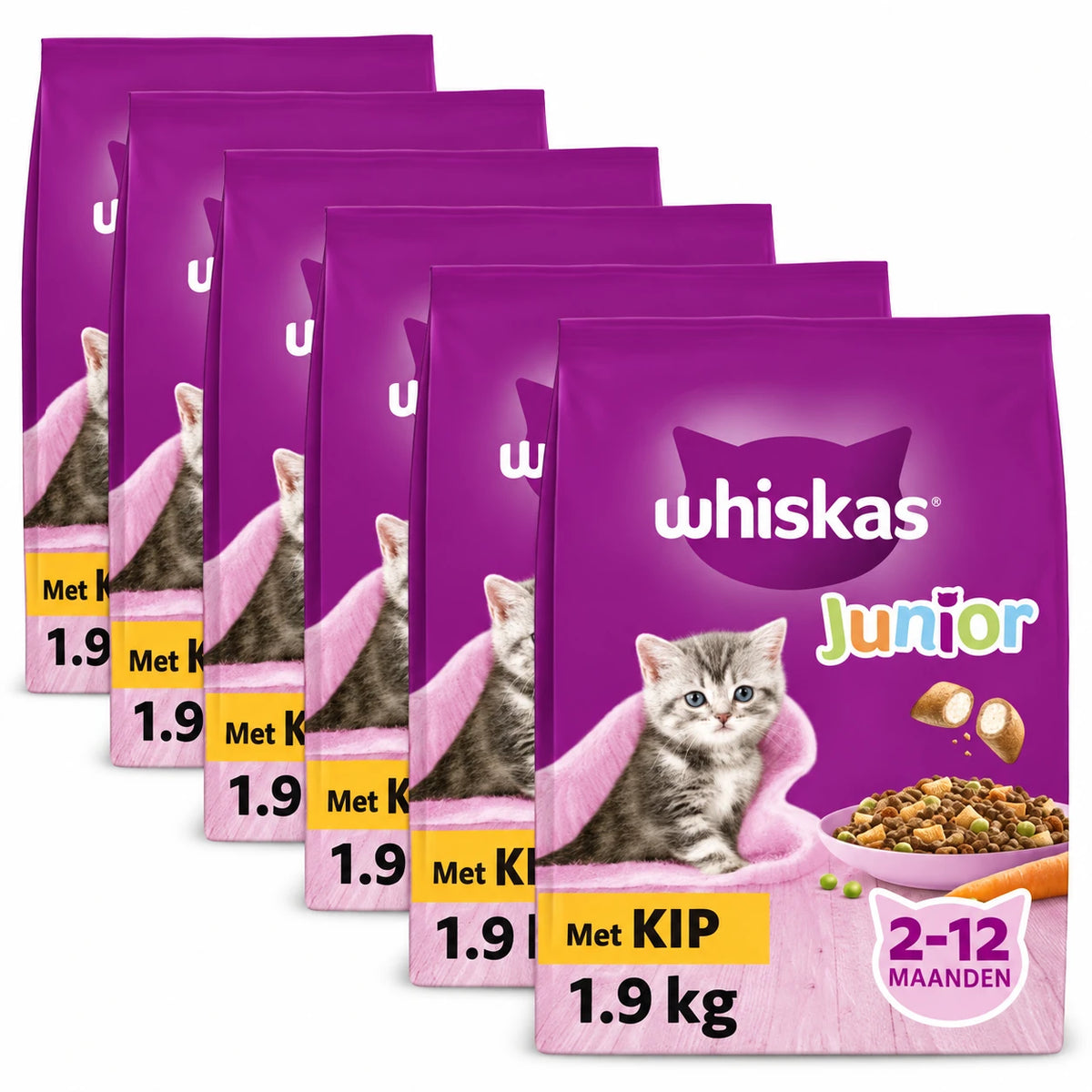 Whiskas Junior Kip voordeelverpakking met zes zakken van 1,9 kg op een witte achtergrond