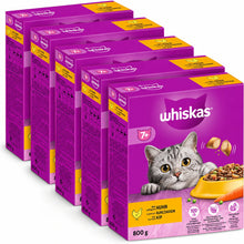 Whiskas Senior 7+ Kip voordeelverpakking met vijf doosjes van 800 gram op een witte achtergrond
