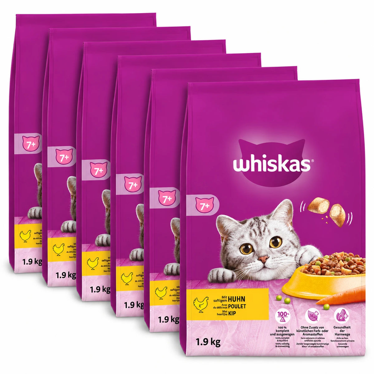 Whiskas Senior 7+ Kip voordeelverpakking met zes zakken van 1,9 kg op een witte achtergrond