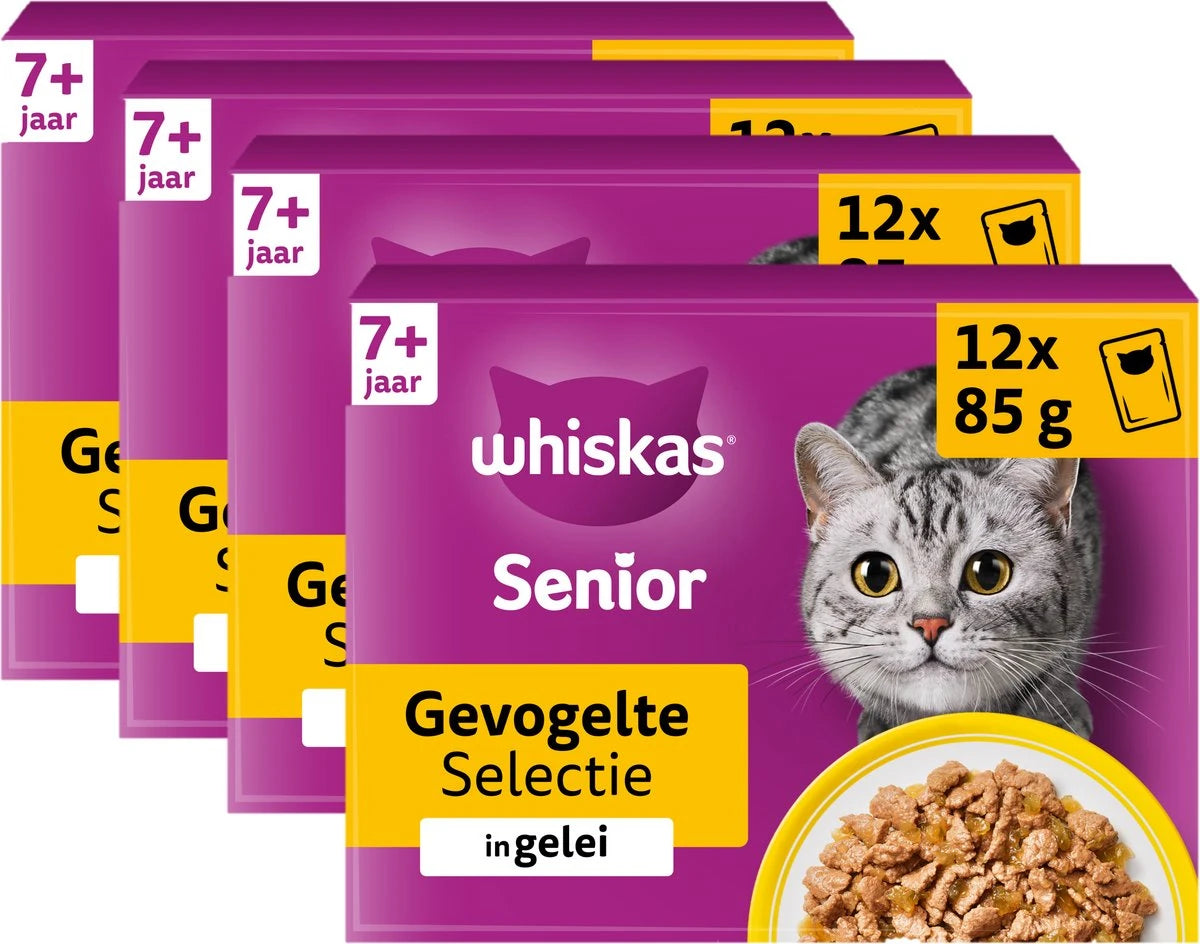 Vier doosjes Whiskas Senior 7+ Gevogelte in Gelei, elk 12 × 85 gram: totaal 48 maaltijdzakjes, 4,08 kg